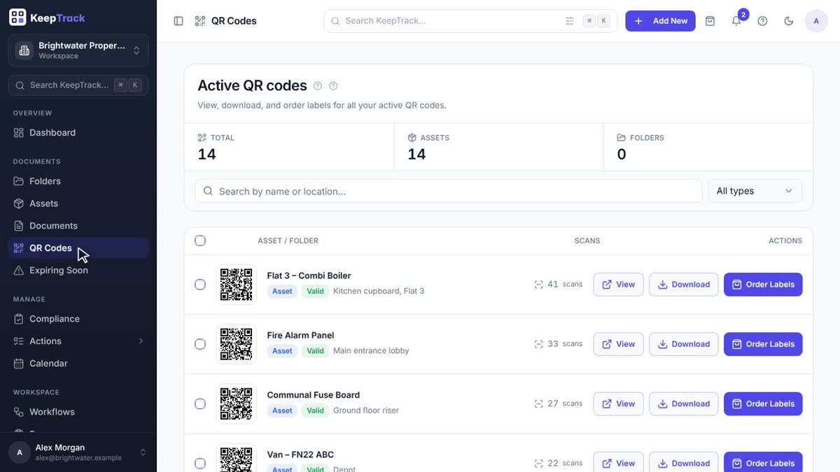 Active QR codes page listing each asset's code and scan count